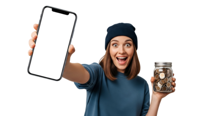 Excited Woman Shows Mobile App for Saving Money Concept Transparent Background Happy Young Adult Holding Smartphone with Blank Screen and Jar of Coins Financial Technology Promotion Mobile Banking