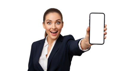 Excited businesswoman showing blank smartphone screen with transparent background demonstrating mobile app offer or new service opportunity online business concept modern technology and amazed