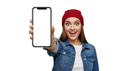 Excited young woman presenting blank smartphone screen on transparent backdrop holding device for mobile app promotion displaying new technology with surprised expression isolated smiling face