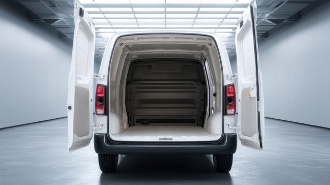 Open white van in a spacious indoor setting showcasing its empty cargo area and clear walls under bright overhead lighting during daytime