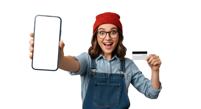 Enthusiastic woman showing phone mockup and credit card for online banking app promotion with transparent background happy girl with mobile device display and purchasing power offering financial