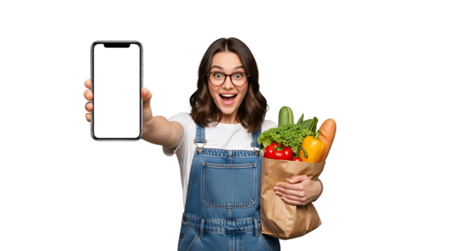 Cheerful woman with groceries bag showcasing mobile app on phone with transparent background Young female promoting online shopping for fresh vegetables using smartphone interface against solid