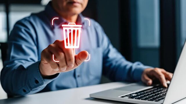 Digital Deletion Man Deleting Virtual File with Touch
