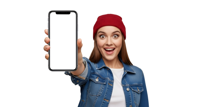 Excited young woman presenting blank smartphone screen on transparent backdrop holding device for mobile app promotion displaying new technology with surprised expression isolated smiling face