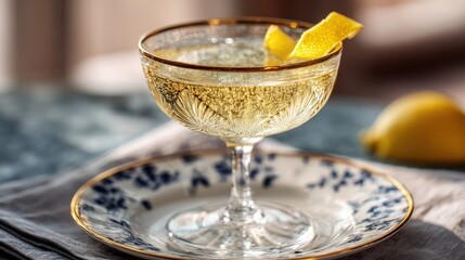 Sparkling beverage with lemon twist served on elegant dish during afternoon gathering