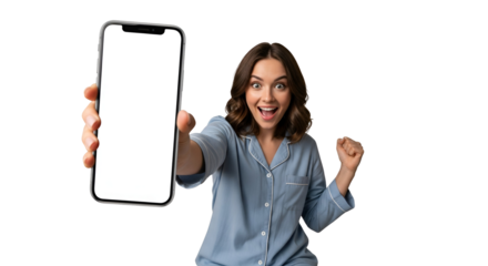 Excited Woman in Pajamas Holding Smartphone with Blank Screen Against Transparent Background Cheerful Girl Showing Mobile Phone with Empty Display Mockup for App Promotion Digital Communication