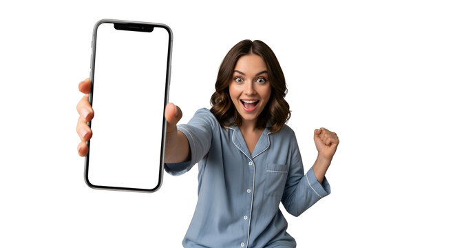 Excited Woman in Pajamas Holding Smartphone with Blank Screen Against Transparent Background Cheerful Girl Showing Mobile Phone with Empty Display Mockup for App Promotion Digital Communication
