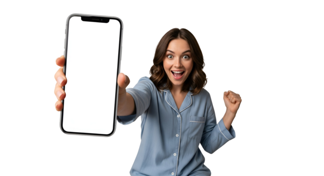 Excited Woman in Pajamas Holding Smartphone with Blank Screen Against Transparent Background Cheerful Girl Showing Mobile Phone with Empty Display Mockup for App Promotion Digital Communication