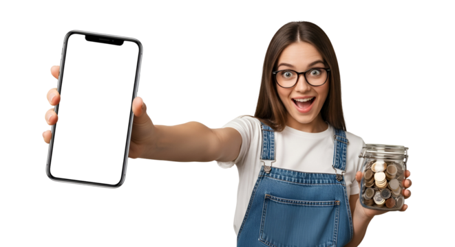 Excited Woman Displaying Mobile Phone and Savings Jar on Transparent Background Captivating Brunette with a Modern Smartphone and Full Coin Jar Financial Tech Investment Opportunity Earning