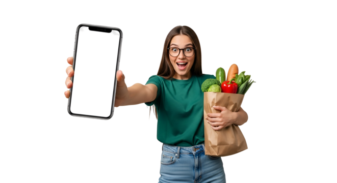 Excited woman holding mobile phone with blank screen and a bag full of fresh vegetables grocery shopping online app promotional mockup transparent background template for healthy lifestyle