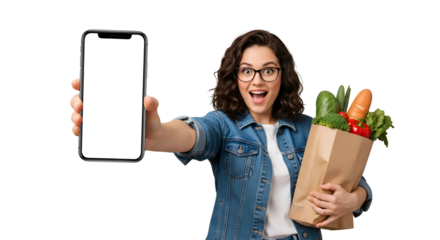 Excited woman displays blank smartphone screen with grocery bag for online shopping advertisement on transparent background young lady promotes app for grocery deliveries and convenient shopping