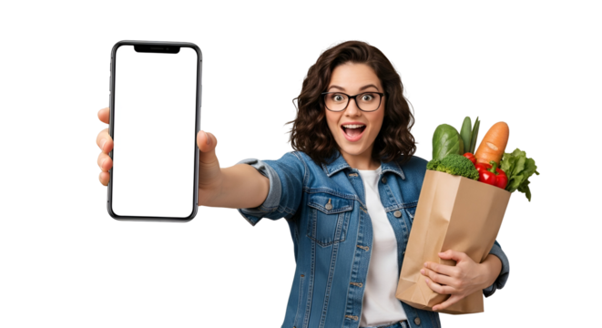 Excited woman displays blank smartphone screen with grocery bag for online shopping advertisement on transparent background young lady promotes app for grocery deliveries and convenient shopping
