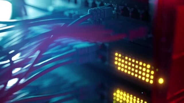Server equipment with glowing fiber optic strands. Backbone connectivity, colocation and hosting provider concept