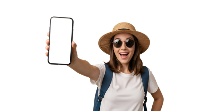 Enthusiastic Woman Traveler Presenting a Blank Smartphone Screen Wearing a Straw Hat and Sunglasses Transparent Background Perfect for Travel Promotions and Mobile App Advertising Smiling Tourist