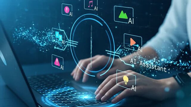 Human hands typing on laptop keyboard with futuristic AI assistant interface, digital data, and technology icons overlay, representing innovation - Powered by Adobe
