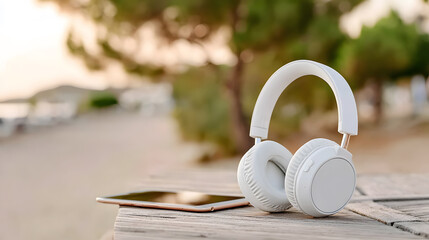 Headphones and tablet on the wooden table, with beautiful bokeh background, listening to music and relaxing. Perfect for music, travel, and lifestyle content.