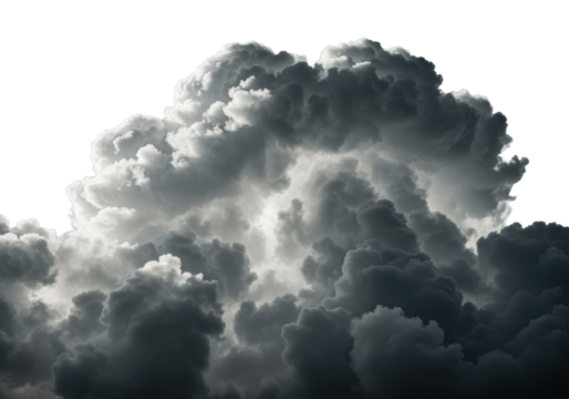 Colossal, intensely textured cumulus cloud angled low, billowy forms parting to reveal glowing vapor and shadowed depths, strong rim light on transparent background. Concept of ethereal grandeur