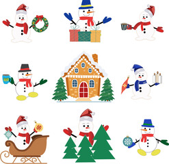 Cute Christmas snowmen and gingerbread house
