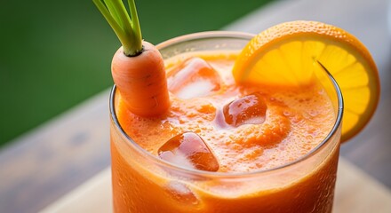 Refreshing Carrot Orange Juice with Ice and Garnish.