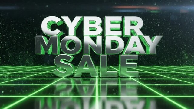 This video features a dynamic 3D rendering of "CYBER MONDAY SALE" text. The metallic silver letters gleam with vibrant green reflections and an energetic glow, set against a dark, technologically-insp