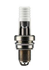 Extreme macro cross-section of high-performance spark plug, bright white ceramic insulator, dark metallic core, subtle sheen, transparent background, dramatic studio lighting, technical excellence