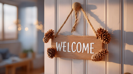 A welcoming sign hung on a wooden door, inviting viewers to enter and embrace a sense of warmth and hospitality. The sign is adorned with decorative elements.