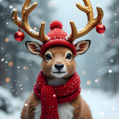 A cute reindeer wearing a red hat and scarf is ready for the holidays. Snowflakes fall around the festive deer with golden antlers.