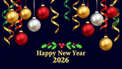 Festive new year 2026 celebration with hanging ornaments and confetti