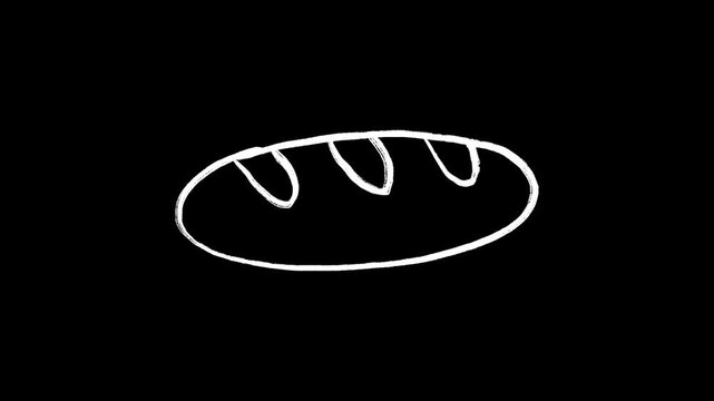 Animated Hand Drawn Loaf of Bread, White Scribble Sketch on Black Background. Doodle and Sketchy Style, Food, Bakery, Breakfast, Carbohydrate, Minimal, Outline, Kitchen