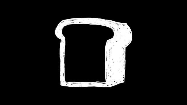 Animated Hand Drawn Loaf of Bread, White Scribble Sketch on Black Background. Doodle and Sketchy Style, Food, Bakery, Breakfast, Carbohydrate, Minimal, Outline, Snack