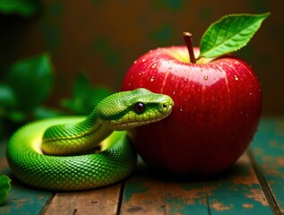 A snake is curled around an apple