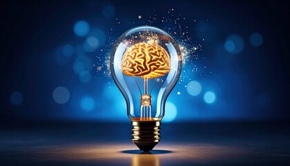 Glowing brain inside light bulb with dark bokeh background