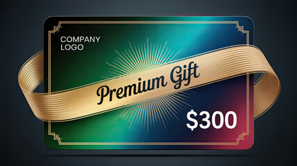 Gift card with gold ribbon, gradient colors, premium gift, $300 value -