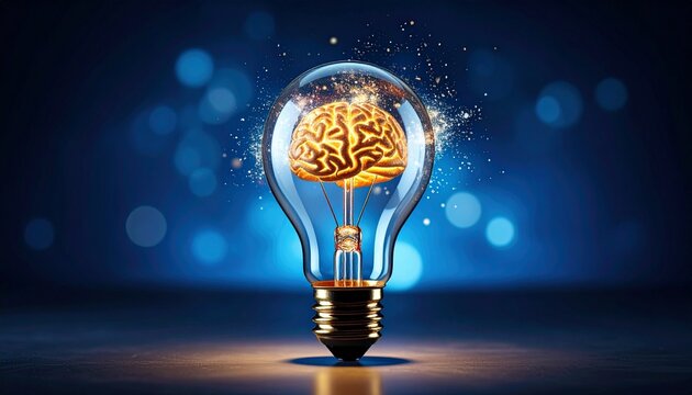 Glowing brain inside light bulb with dark bokeh background