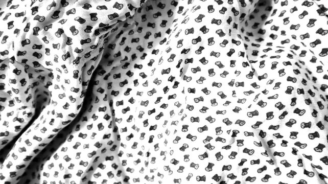Photo background made of printed fabric. Chaotic folds in different places. Pattern consists of small skeins of threads chaotically placed on white background. Black, different shades of gray colors.