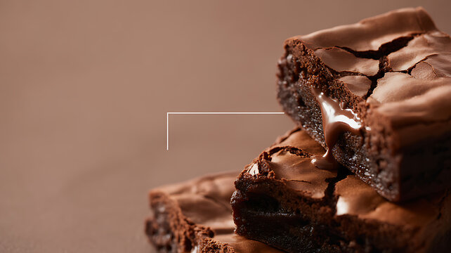 Stack of rich chocolate brownies with glossy chocolate topping and melted filling