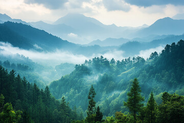 secluded mountain valley hidden beneath veil of ethereal mist, evoking serenity