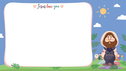 Cartoon Jesus Illustration with blank space Jesus Christ rides a donkey into Jerusalem Christianity and Catholicism