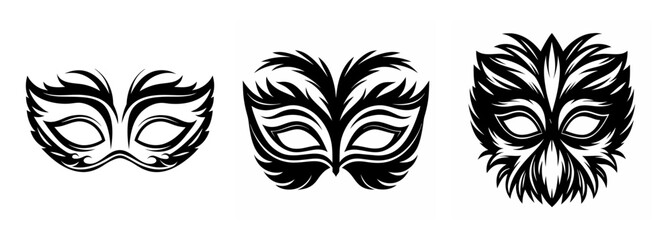 Three stylized black and white carnival masquerade masks showcasing mysterious and ornate designs