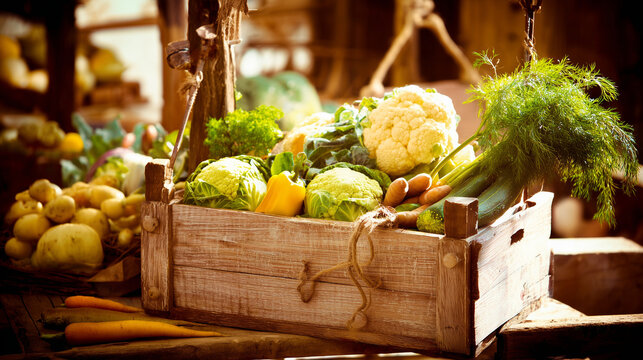 crate. Fresh vegetables neatly arranged in a rustic wooden crate with natural sunlight. menu design, packaging mockups, designed for food delivery and cloud-kitchen brand materials.