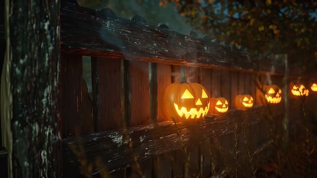 A row of glowing jack-o'-lanterns illuminated for Halloween, lining an old wooden fence under a dusky sky.