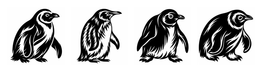 Obraz premium Four distinct black and white sketched penguins stand in a row showing subtle variations in posture and detail