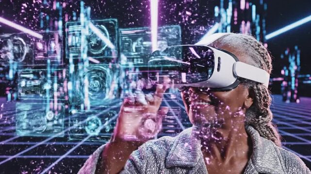 Woman using virtual reality glasses exploring digital interface and data - Powered by Adobe
