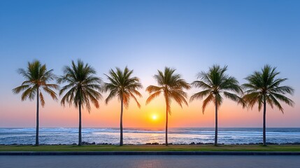 Golden Tropical Sunset Over Calm Ocean Waters With Palm Trees Silhouetted Against The Horizon And Clear Blue Sky Above