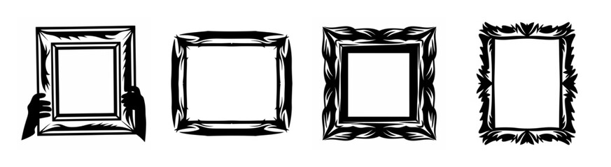 Four ornate and decorative picture frames in a row displaying empty blank spaces ready for art