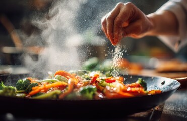 Chef seasoning vegetables in hot pan cooking concept