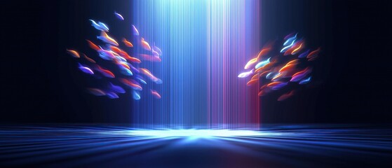 Two streams of light shine on the floor, one blue flowing upwards as two fish and one red flowing vertically with colorful glow lights against a dark background