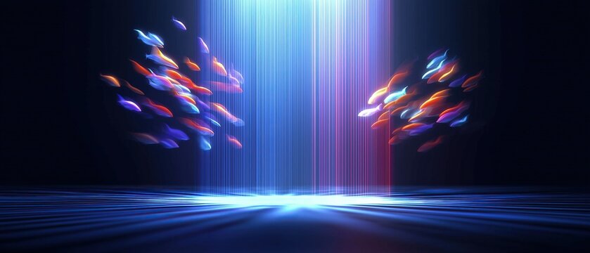Two streams of light shine on the floor, one blue flowing upwards as two fish and one red flowing vertically with colorful glow lights against a dark background