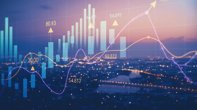 Digital Financial Data Overlay on Modern Cityscape: Global Business Growth & Stock Market Trends with Technology Integration - Powered by Adobe