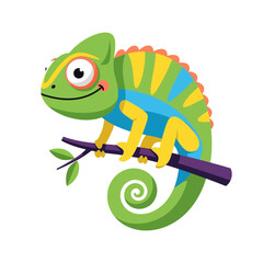 Obraz premium Adorable smiling chameleon reptile illustration, a cheerful and colorful character for kids' designs on a white background